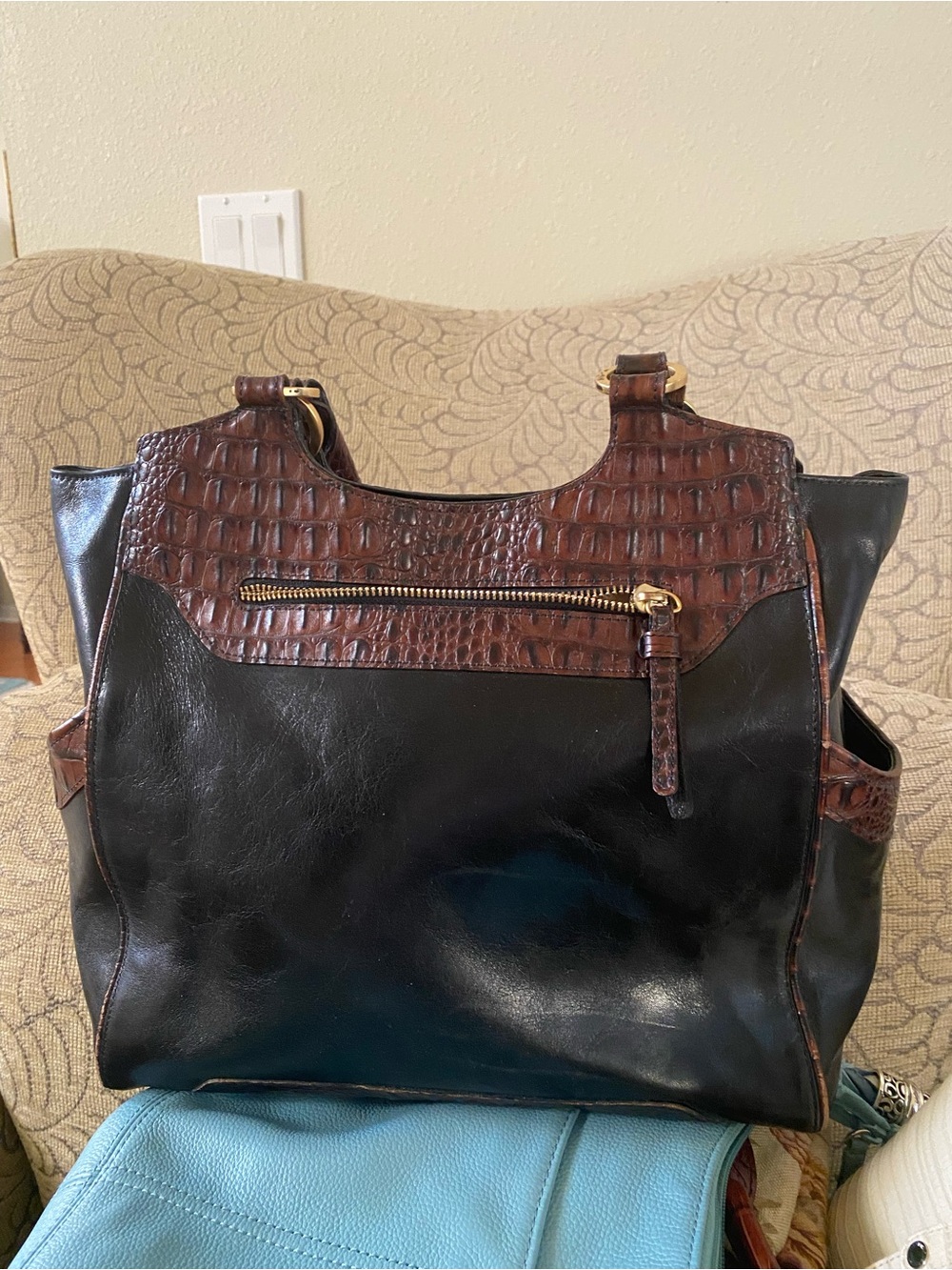 Brahmin Black and Brown Croc-Embossed Leather Tote